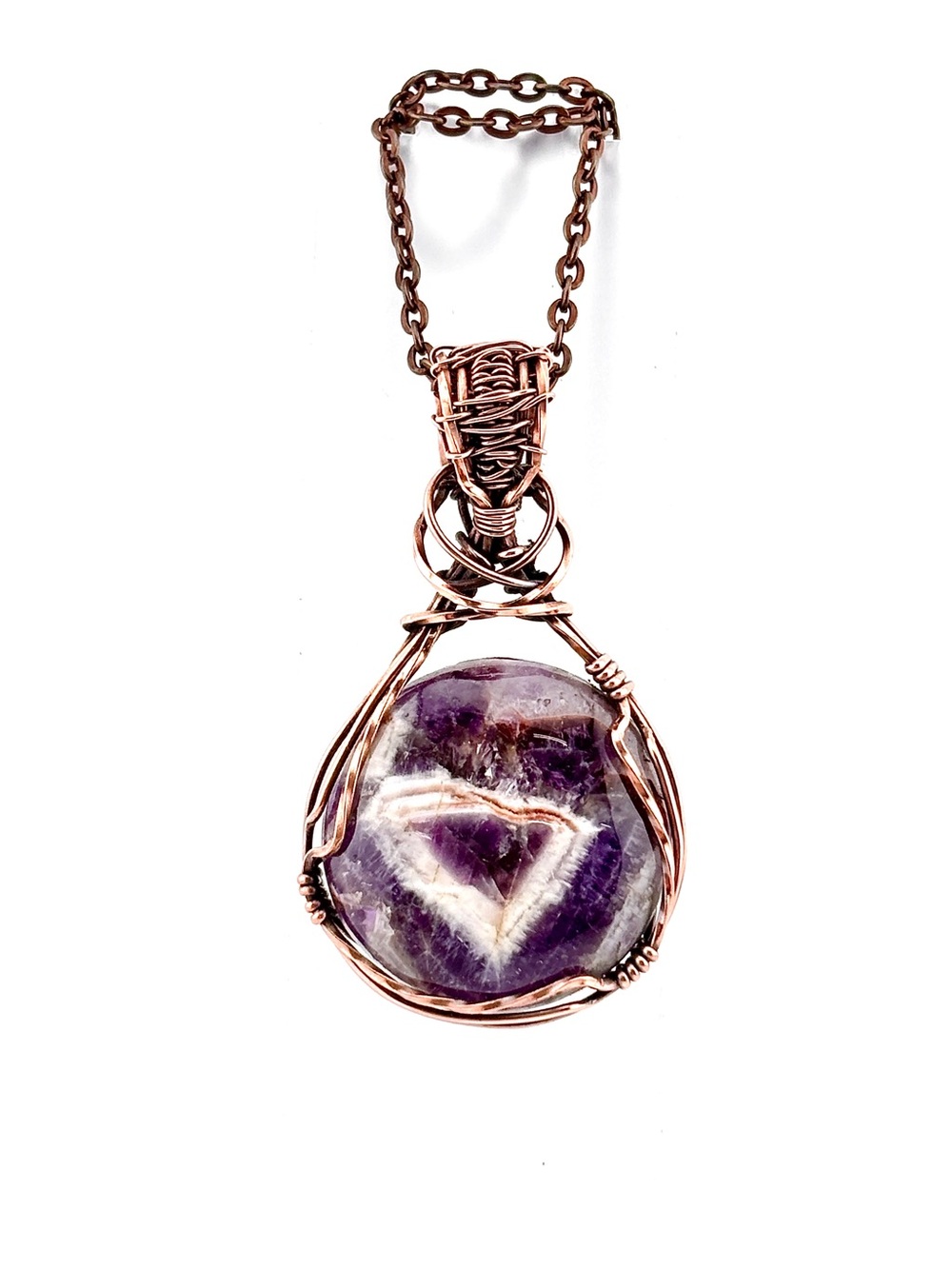 HANDMADE Chevron Amethyst Copper Wire Wrapped Unisex Artisan Pendant Necklace
